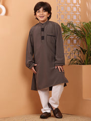 Grey Solid Kids Boy's Kurta with White Pajama Set