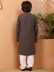 Grey Solid Kids Boy's Kurta with White Pajama Set