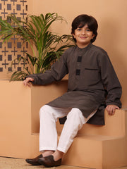 Grey Solid Kids Boy's Kurta with White Pajama Set