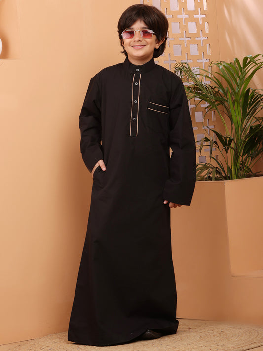 Black Solid Thobe / Jubba with Mandarin Collar For Kids Boys