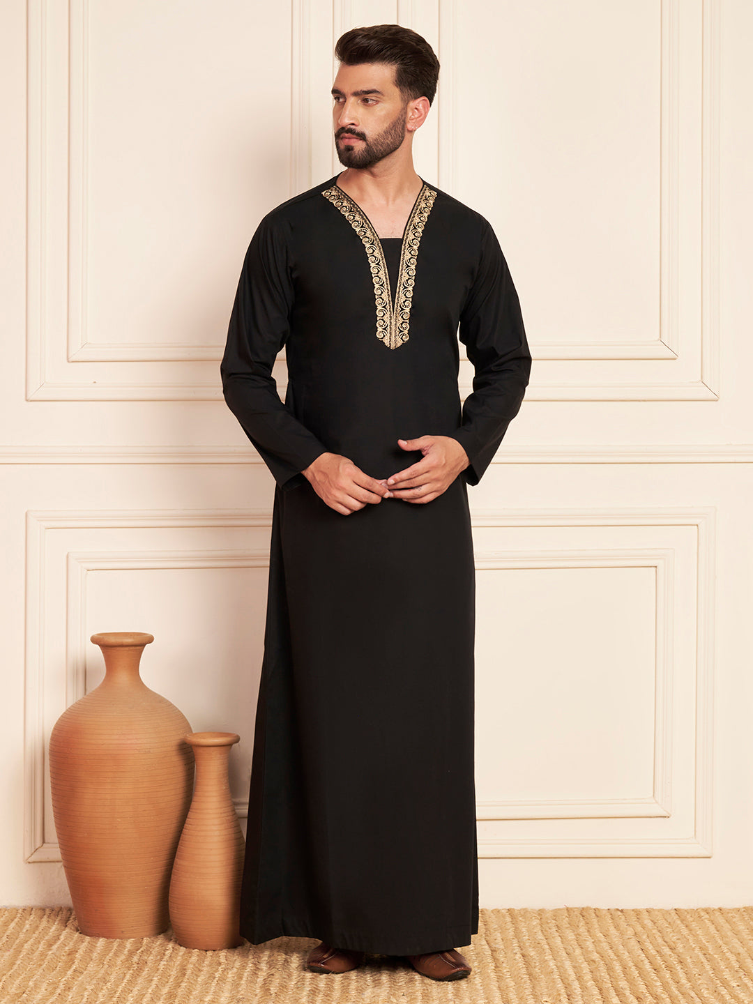 Black Embroidered Arabic Thobe for Men
