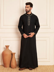 Black Embroidered Arabic Cotton Thobe