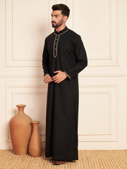 Black Embroidered Arabic Cotton Thobe