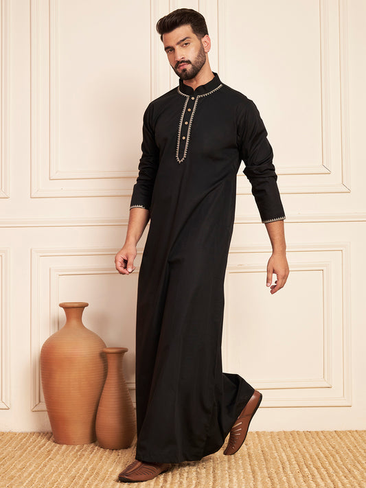 Black Embroidered Arabic Cotton Thobe