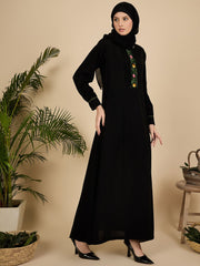 Black Modest Embroidered Pleated Abaya Burqa with Matching Hijab