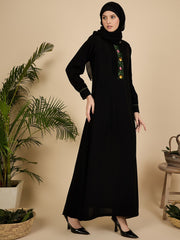 Black Modest Embroidered Pleated Abaya Burqa with Matching Hijab