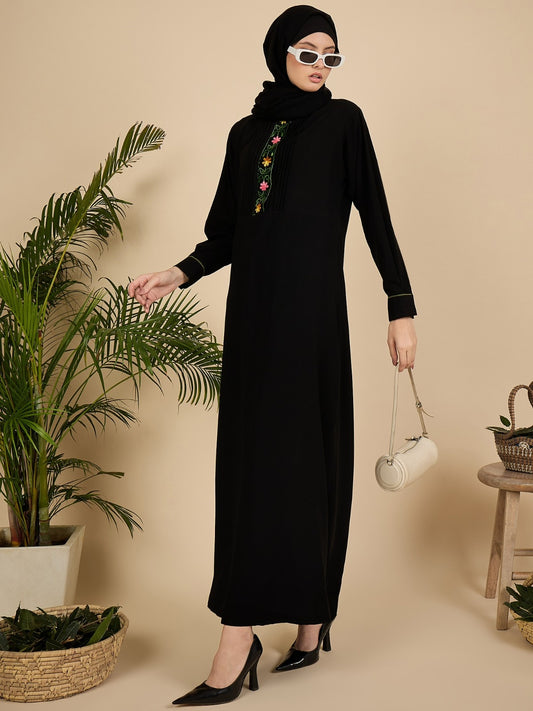 Black Modest Embroidered Pleated Abaya Burqa with Matching Hijab