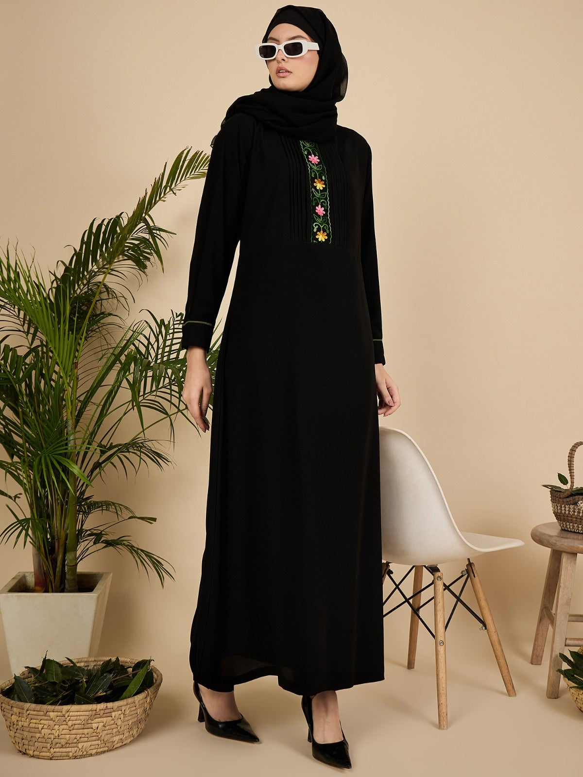Black Modest Embroidered Pleated Abaya Burqa with Matching Hijab