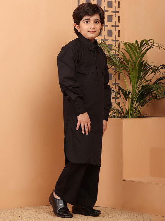 Black Solid Pathani Kurta Pajama Set For Kids Boys