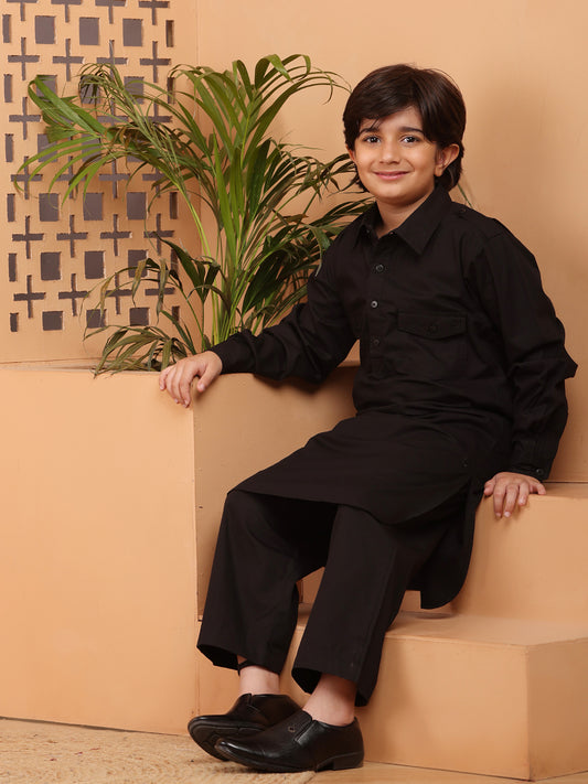 Black Solid Pathani Kurta Pajama Set For Kids Boys