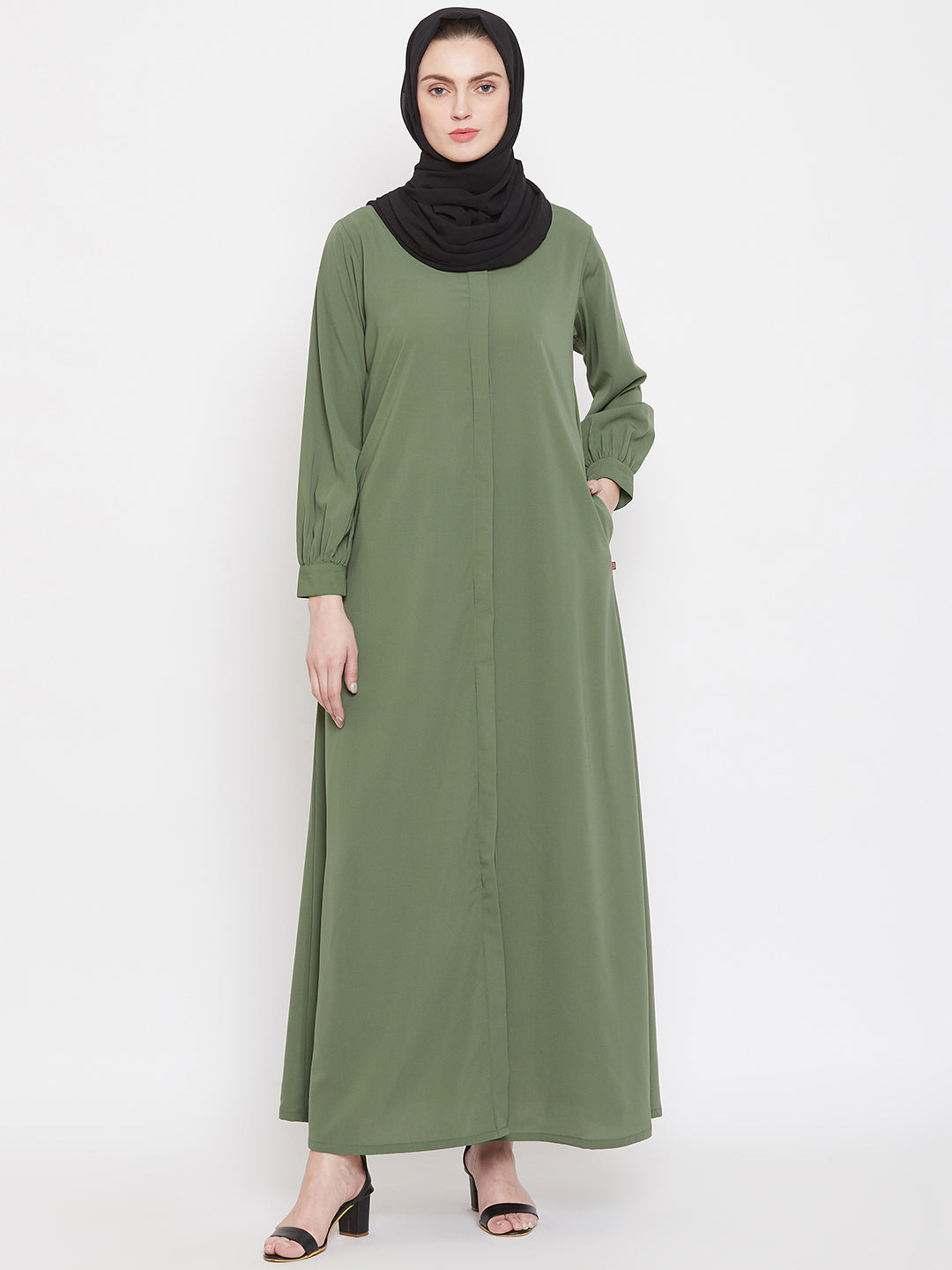 Front Open Jade Green Solid Mandarin Collar Abaya Burqa With Black Hijab