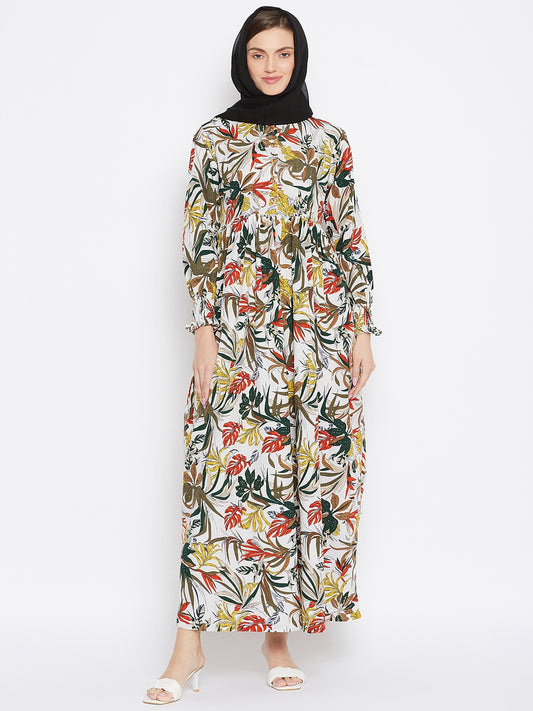 Off White Floral Printed Crepe Abaya Dress with Black Georgette Hijab