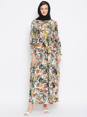 Off White Floral Printed Crepe Abaya Dress with Black Georgette Hijab