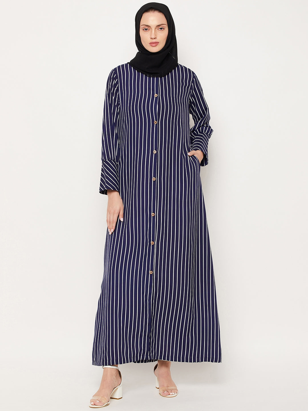 Blue Stripe Front Open Abaya for Women with Black Georgette Scarf