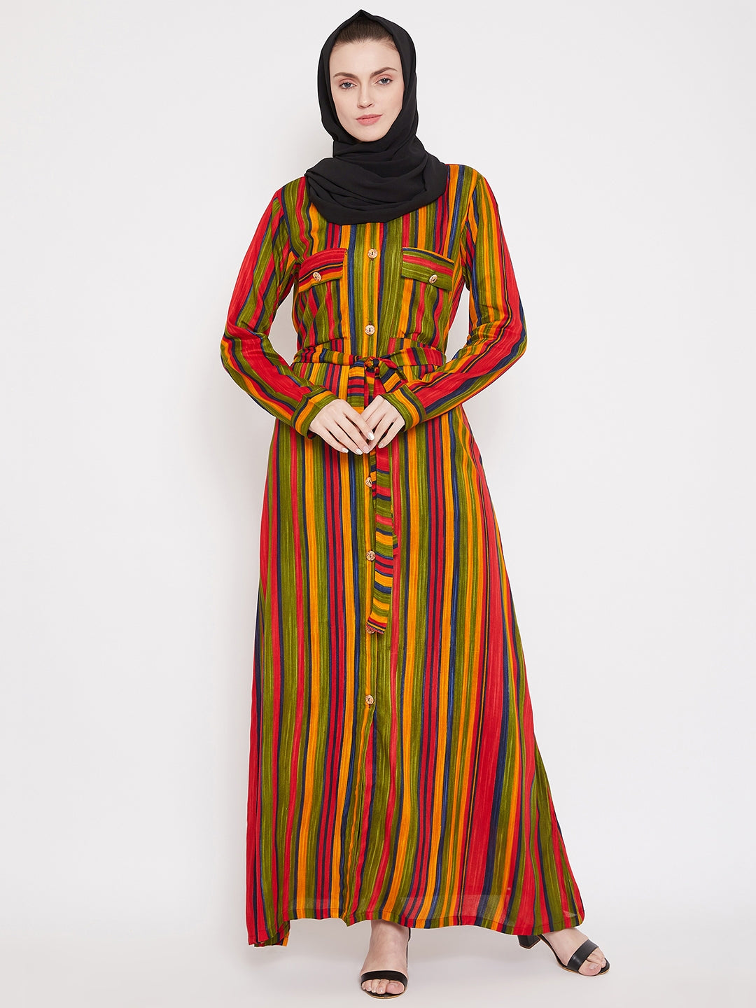 Multi Color Rayon Stripe Front Open Abaya for Women with Black Georgette Scarf