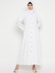 Front Open Rayon Solid White Abaya suitable for Umrah / Hajj with Black Hijab