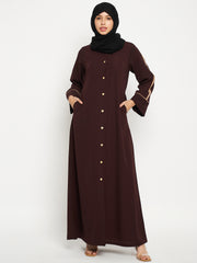 Front Open Solid Women Brown Abaya Burqa With Black Georgette Scarf