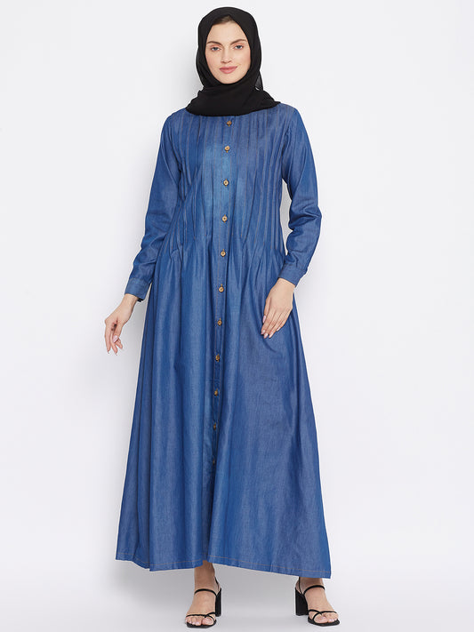 Blue Denim Front Open Plat Design Abaya with Black Georgette Hijab