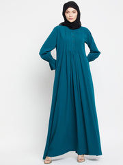 Bottle Green A-Line Abaya for Women with Black Georgette Hijab