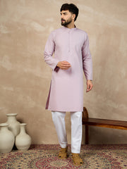 Men's Solid Lavender Color Cotton Kurta and White Pajama Set