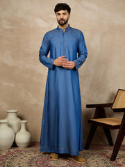 Blue Solid Denim Zip Closure Arabic Jubba / Thobe For Men