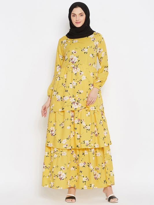 Yellow Floral Printed Crepe 3 Frill Abaya Dress for Women with Black Georgette Hijab