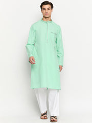 Embroidery Details Mens Solid Sea Green Kurta