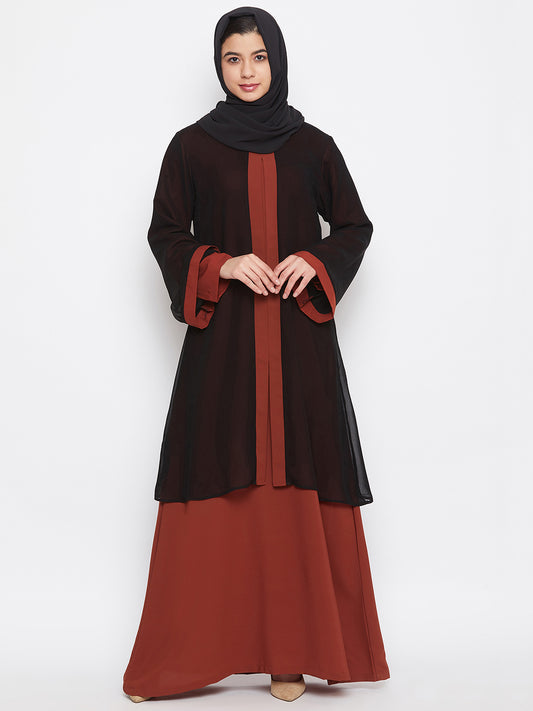 Black and Rust Solid Shrug Attached Casual Abaya for Women With Black Georgette Scarf