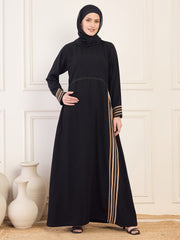 Piping Detailing A-line Black Solid Abaya Burqa For Women With Black Georgette Hijab