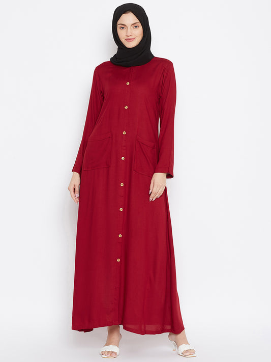 Maroon Rayon Front Open Abaya for Women with Black Georgette Scarf