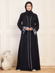 Front Open Black Solid Hand Work Detailing Luxury Abaya Burqa For Women With Black Hijab