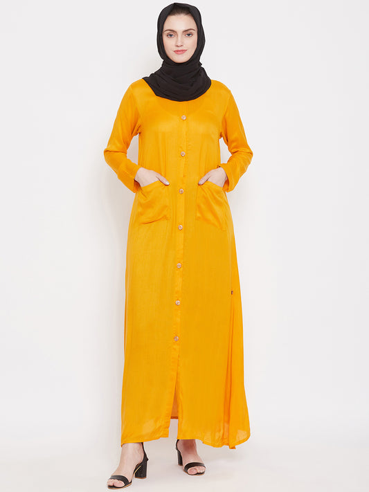 Yellow Rayon Front Open Abaya for Women with Black Georgette Scarf