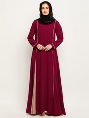 Maroon and Beige A-Line Abaya for Women with Black Georgette Hijab