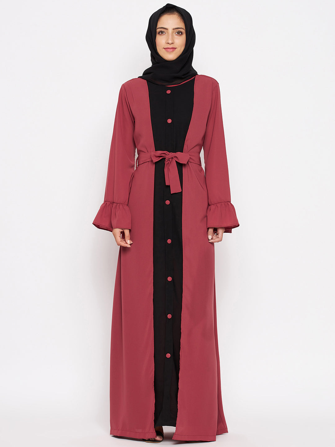 Rust & Black Bell Sleeves Abaya for Women with Black Georgette Scarf