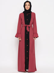 Rust & Black Bell Sleeves Abaya for Women with Black Georgette Scarf