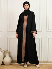 Black and Beige Solid Luxury Handworked Abaya Burqa with Black Georgette Hijab
