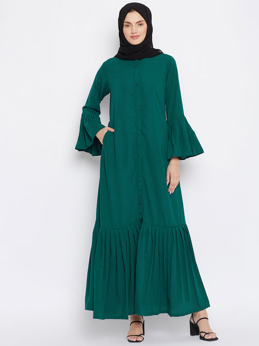 Bottle Green Plats Design Front Open Abaya with Black Georgette Hijab