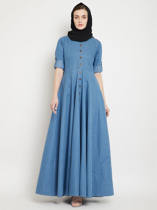 Blue Denim Cotton Abaya Dress with Black Georgette Hijab