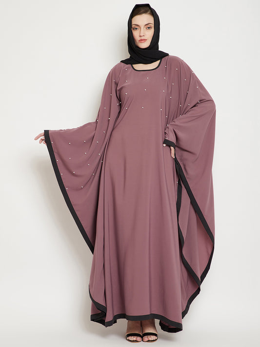 Pearl Design Puce Pink Solid Kaftan Abaya for Women with Black Georgette Hijab