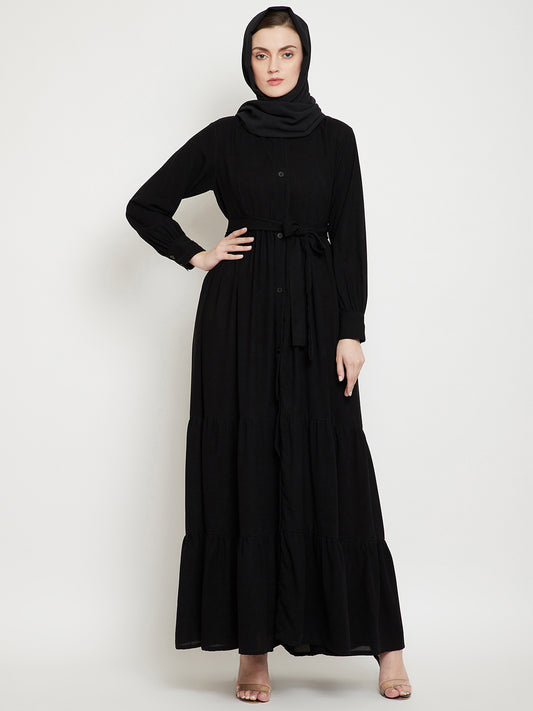 Frilled Black Abaya Burqa For Women With Belt and Black Hijab