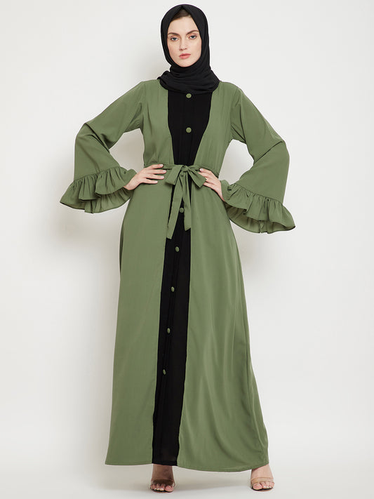 Women Bell Sleeves Abaya with Black Georgette Scarf