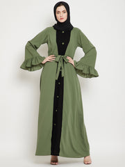 Jade Green & Black Bell Sleeves Abaya for Women with Black Georgette Scarf