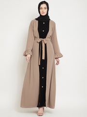 Beige & Black Bell Sleeves Abaya for Women with Black Georgette Scarf