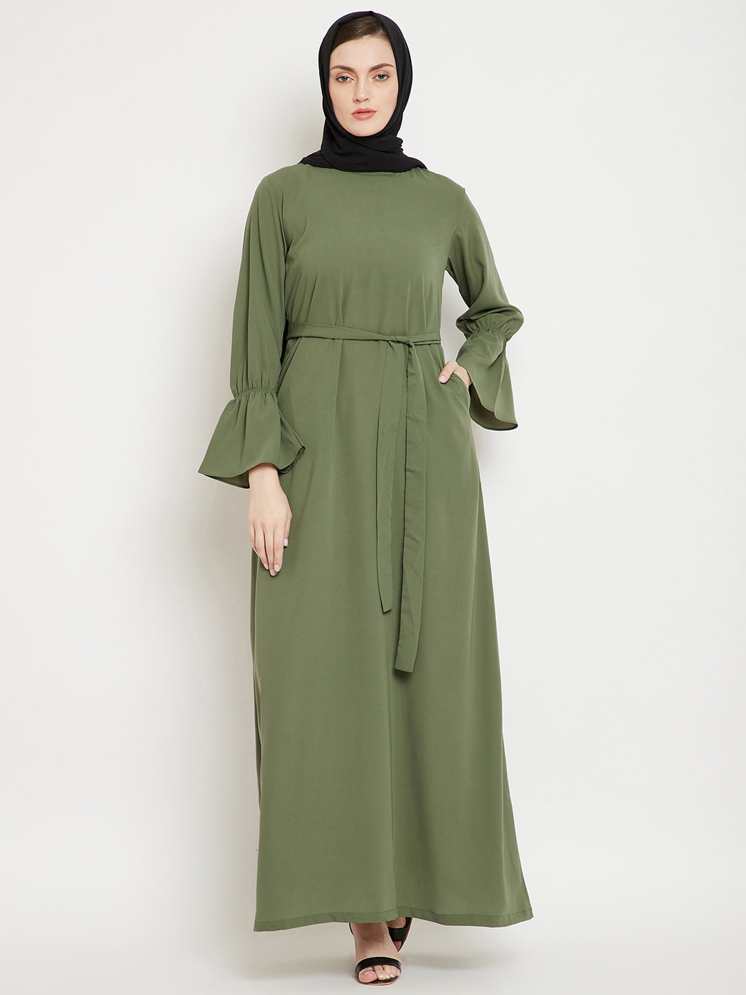 Jade Green Solid A- Line Abaya for Women with Black Georgette Scarf