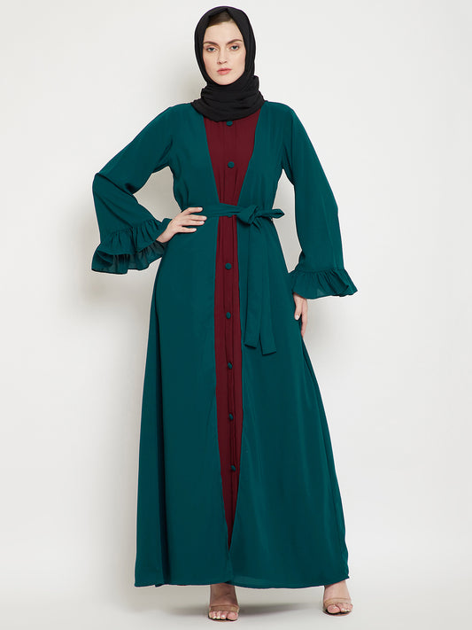 Bottle Green & Maroon Bell Sleeves Abaya for Women with Black Georgette Scarf