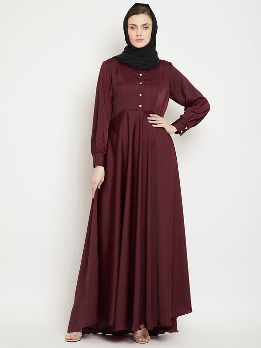 Nida Premium Umbrella Cut Maroon Abaya for Women with Black Georgette Hijab
