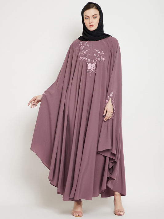 Fuse Pink Chikan Hand Embroidered Irani Kaftan Abaya for Women with Black Georgette Hijab
