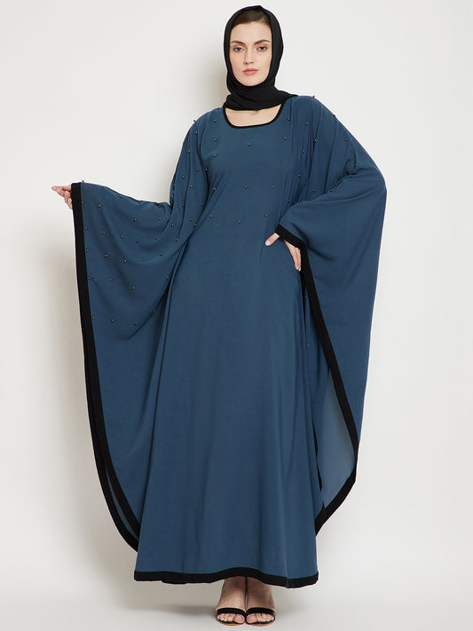 Pearl Design Grey Solid Kaftan Abaya for Women with Black Georgette Hijab