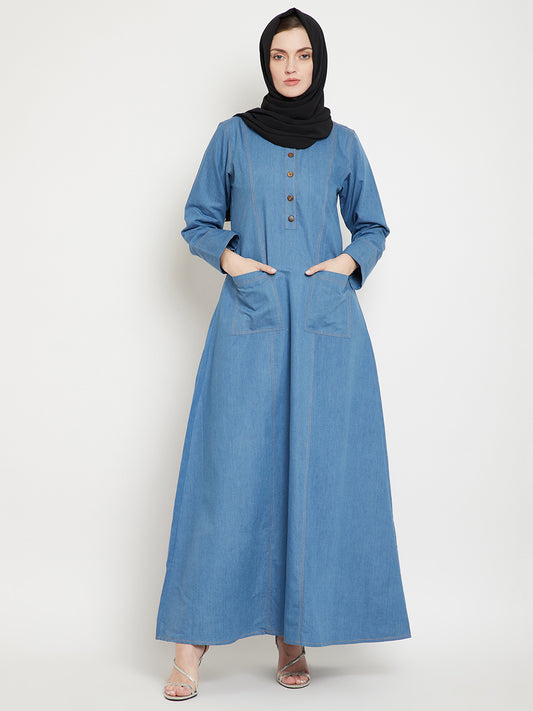 Patch Pockets Blue Denim Cotton Abaya Dress with Black Georgette Hijab