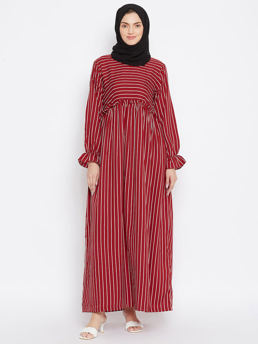 Maroon Stripe Abaya Dress with Black Georgette Hijab